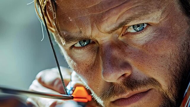 Professional archer standing with intense concentration, carefully aiming compound bow at distant target, displaying remarkable precision and focus during high stakes moment