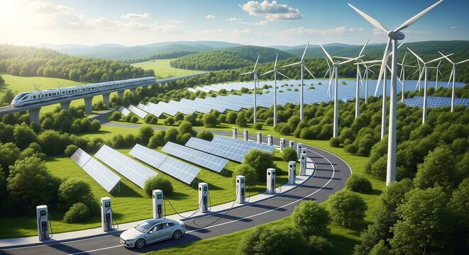 Renewable energy landscape with wind turbines and large solar farm at sunrise, rolling green hills. Clean energy countryside with multiple wind turbines and photovoltaic arrays, panoramic wide shot