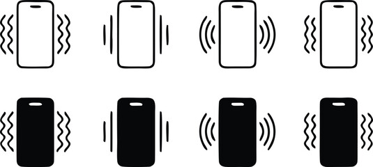 Phone vibration icon set, ringtone symbols, phone vibration signs in solid and line style 