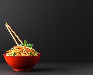 Noodles in a red bowl with chopsticks