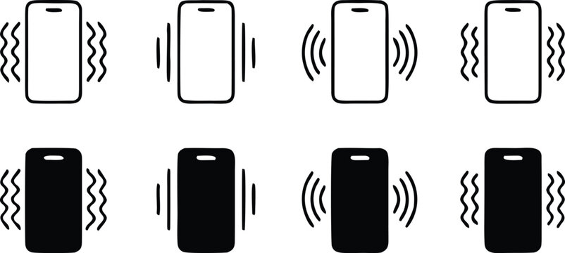 Phone vibration icon set, ringtone symbols, phone vibration signs in solid and line style 