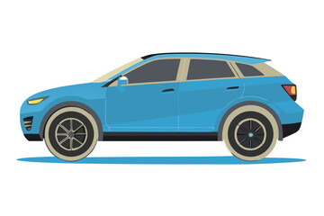 Naklejka premium Minimalist electric crossover vehicle with smooth roofline and black panoramic windows, side view showcasing sleek design and modern aesthetics, ideal for eco-friendly transportation concept