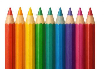 Vibrant colored pencils aligned in rainbow gradient, displaying artistic potential against transparent surface for creative expression