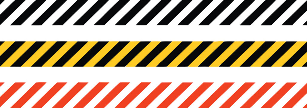 Warning tape in yellow red black diagonal stripes line, caution hazard danger road, attention safety stripe warning, warn stop seamless line, stretched caution line 