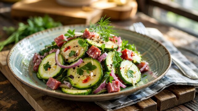 National cuisine Hungarian salad "Janos" with zucchini and salami.