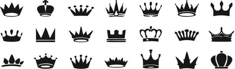 Crown set icons, collection different crown sign, silhouette crown symbol 