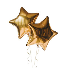 Two golden star shaped balloons isolated on transparent background