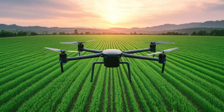 A drone hovers over a vast green crop field during sunset. Agricultural technology and innovation - Powered by Adobe
