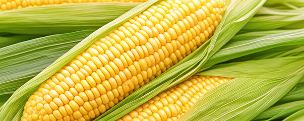 An ear of corn with bright yellow kernels is nestled among green husks. Fresh produce and agricultural concept