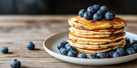 A stack of pancakes topped with blueberries is on a plate surrounded by more blueberries. Delicious breakfast, pancakes, berries