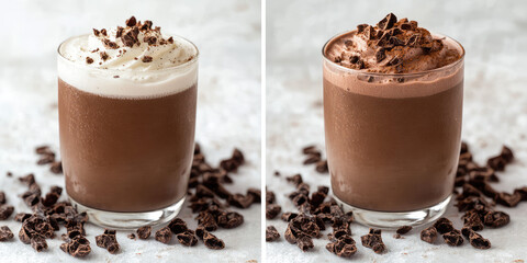 Two glasses of chocolate drinks topped with whipped cream and chocolate flakes on a light surface. Dessert, indulgence, winter treat, sweet beverage