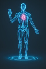 A futuristic 3D holographic illustration of the human body highlighting the heart in vivid pink