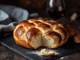 A braided round bread with a golden crust lies on a dark surface.  Rustic atmosphere with Scattered flour and a torn piece of bread.