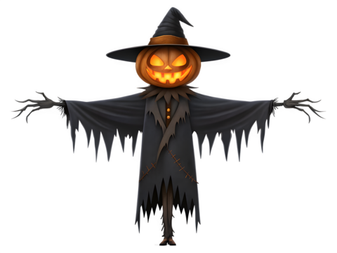 Scary jack o lantern scarecrow with witch hat isolated on transparent background