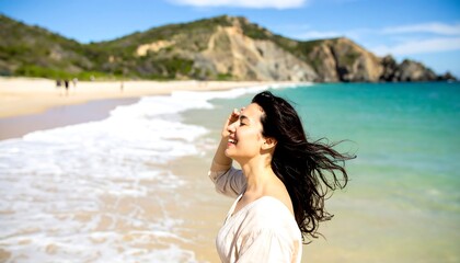 Obraz premium Woman enjoying a sunny beach day.
