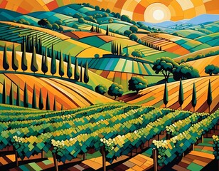 Obraz premium Abstract Mosaic of Rolling Hills and Vineyards at Sunset