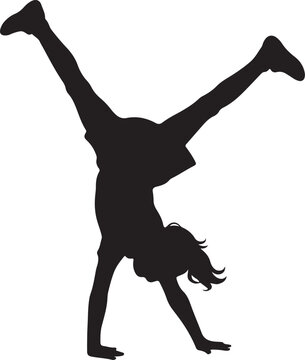 Black silhouette of a girl doing a cartwheel on a white background child young