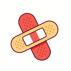 "Vector Crossed Bandage Icon – Red and Beige Adhesive Strips with Perforated Texture and Central Pad – Flat Design Symbolizing First Aid, Wound Care, and Medical Treatment – Ideal for Healthcare Apps,