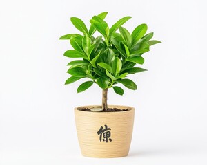 Obraz premium A small potted plant with vibrant green leaves in a light brown pot, against a plain white background. The pot has a simple, stylized, Asian-inspired character printed on it