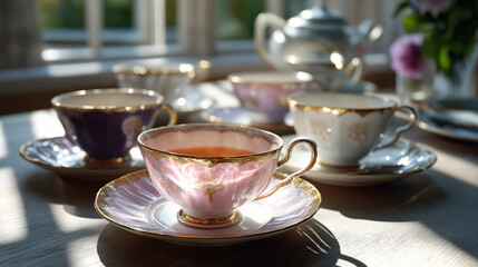 Elegant Tea Party Setup with Fine Cups and Soft Sunlight