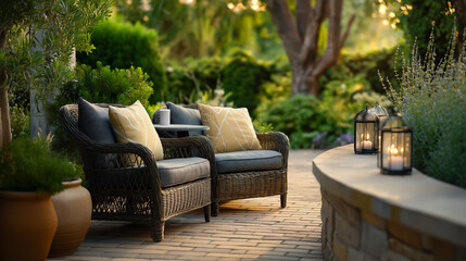 Fototapeta premium Cozy Garden Patio Scene with Soft Lighting and Seating Area