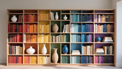 Vibrant Color Gradient Bookshelf Arrangement Showcasing Books and Decorative Vases