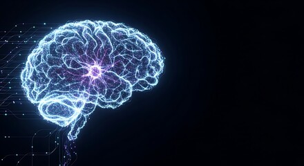 Obraz premium Human brain network glowing with neurons, representing artificial intelligence concept copy space image. 