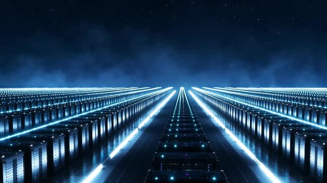 Futuristic Data Center with Endless Server Rows and Blue Neon Lights