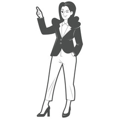 Vector Illustration of Confident Businesswoman Pointing Up and Winking in Black and White