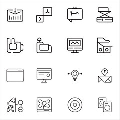 Digital marketing collection of line style web icons, website design, image optimization, and online content publishing outline symbols