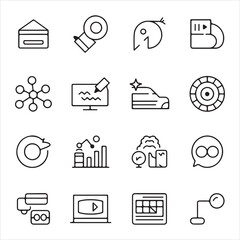 Digital marketing collection of line style web icons, video marketing, live streaming, and multimedia content promotion outline designs
