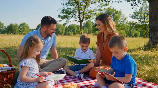 Happy Caucasian Family Enjoying Picnic in Sunny Park with Children Reading