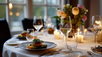 Fototapeta premium Elegant Fine Dining Table Setting with Soft Lighting