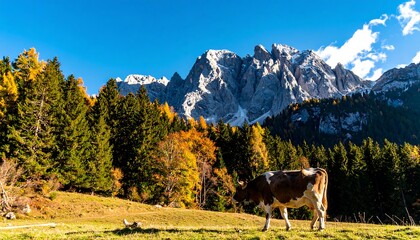 Alpine cow in autumn scenery