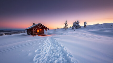 Isolated wooden cabin stands alone on snow-blanketed hillside at dusk, snowy path leading up to entrance, rustic winter wonderland scene in Perm Region, Russia.