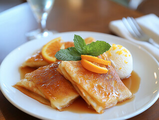 Delicate Crepes Suzette are served on a grey plate with orange sauce and scoop of vanilla ice cream, orange zest, and a sprig of mint.