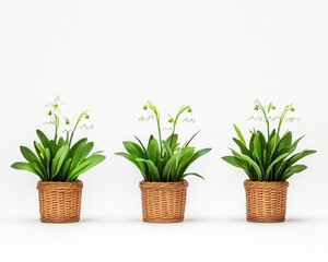 Obraz premium Three woven baskets hold lush green plants with delicate white, bell-shaped flowers against a solid white backdrop, evenly spaced