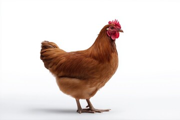 Fototapeta premium Portrait of a brown hen standing on white background in full profile