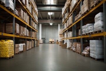 Spacious warehouse aisle with stacked goods on shelves