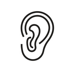 "Vector Ear Icon – Black and White Line Drawing of Human Outer Ear with Helix, Antihelix, and Canal – Flat Design Symbolizing Hearing, Sensory Perception, and Accessibility – Ideal for Health Apps, UI