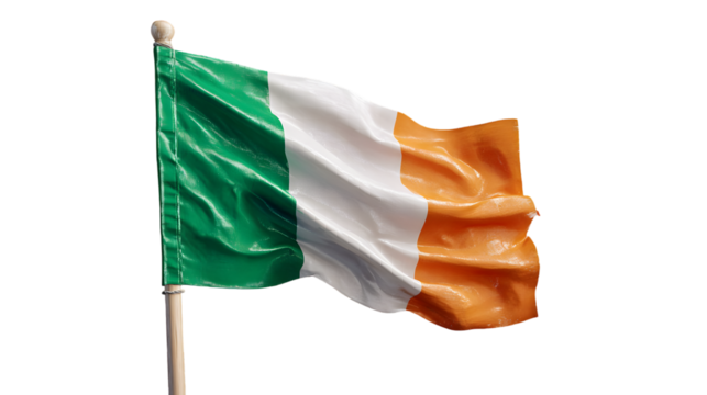 A waving flag of ireland with green white and orange colors on a pole against black background - Powered by Adobe