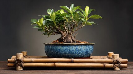 A small, beautiful, well-pruned ficus bonsai in a shallow, glazed pot on a bamboo shelf with studio lighting and a simple neutral background.
