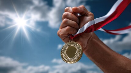 A hand triumphantly holds a gold medal adorned with a wreath, symbolizing achievement and business success. The bright sky serves as a backdrop for this moment of celebration and victory