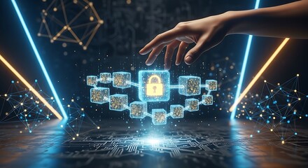 Businessperson touching digital screen with modern cybersecurity blockchain technology graphic.
