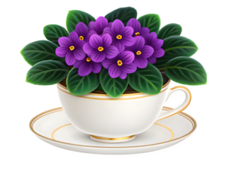 Beautiful purple african violets blooming in a delicate teacup and saucer isolated on transparent background