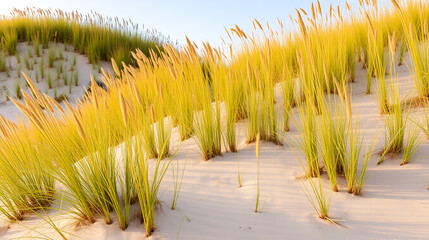 breathtaking sight of dunes adorned with vibrant beach grass, symbolizing steadfastness these plants bestow upon shifting sandy terrains and harmonious equilibrium they epitomize