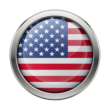 American flag in a round chrome badge isolated on transparent background, representing patriotism and national pride