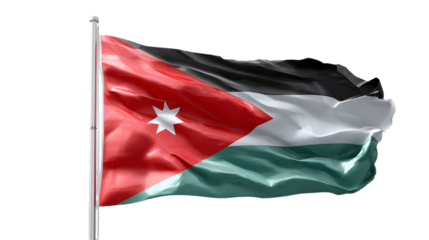 A close up of the national flag of jordan waving in the wind against a black background on a pole