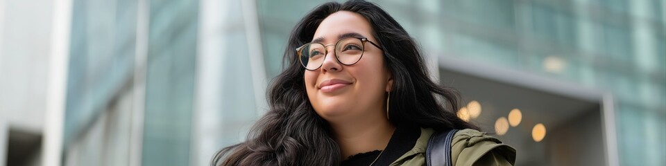 Obraz premium Confident young hispanic female with glasses smiling in urban setting