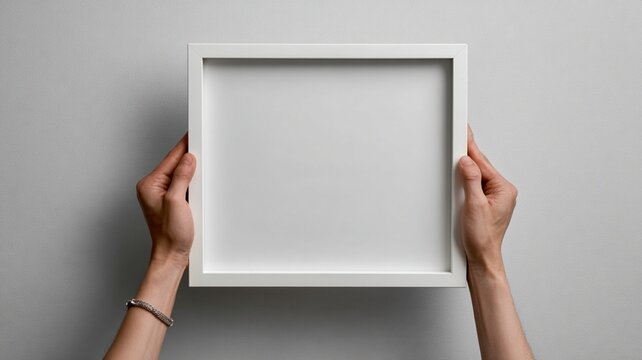 Hands holding a blank white frame against a minimalist gray background, showcasing empty space for artwork or design, emphasizing creativity and potential for customization